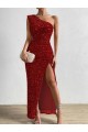 One Shoulder Long Velvet Sequin Red Sleeveless Prom Dress / Evening Dress Victoria
