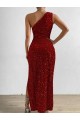 One Shoulder Long Velvet Sequin Red Sleeveless Prom Dress / Evening Dress Victoria