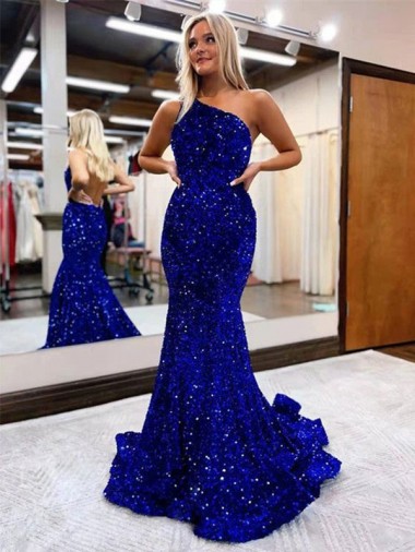 One Shoulder Sweep Train Velvet Sequin Royal Blue Sleeveless Prom Dress Victoria