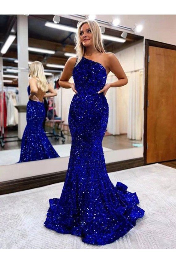 One Shoulder Sweep Train Velvet Sequin Royal Blue Sleeveless Prom Dress Victoria