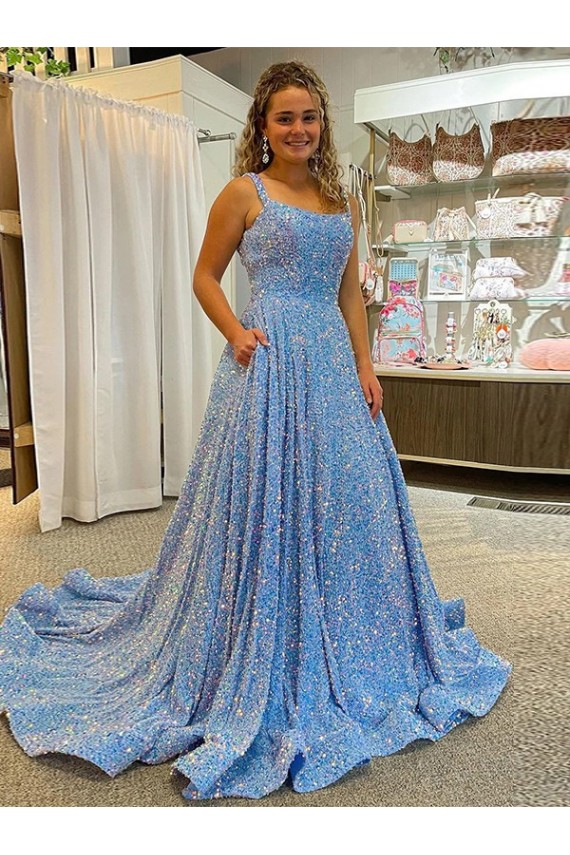 Scoop Neck Court Train Velvet Sequin Sleeveless Prom Dress / Evening Dress Victoria