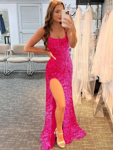 Spaghetti Straps Sweep Train Velvet Sequin Fuchsia Sleeveless Prom Dress / Evening Gown Victoria