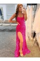 Spaghetti Straps Sweep Train Velvet Sequin Fuchsia Sleeveless Prom Dress / Evening Gown Victoria