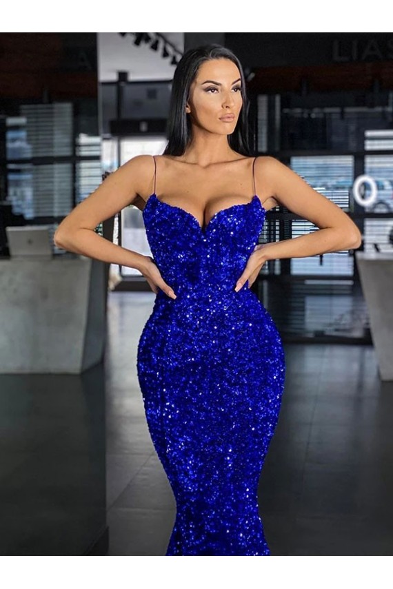 Spaghetti Straps Sweep Train Velvet Sequin Royal Blue Sleeveless Evening Gown / Prom Dress Victoria