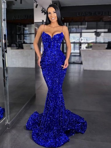 Spaghetti Straps Sweep Train Velvet Sequin Royal Blue Sleeveless Evening Gown / Prom Dress Victoria