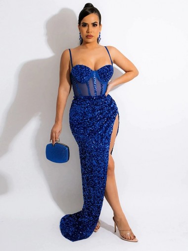 Spaghetti Straps Sweep Train Velvet Sequin Royal Blue Sleeveless Evening Dress Victoria