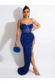 Spaghetti Straps Sweep Train Velvet Sequin Royal Blue Sleeveless Evening Dress Victoria