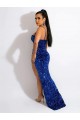 Spaghetti Straps Sweep Train Velvet Sequin Royal Blue Sleeveless Evening Dress Victoria