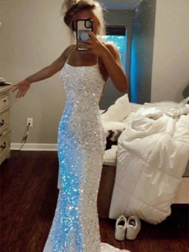 Spaghetti Straps Sweep Train Velvet Sequin Sleeveless Evening Dress Victoria