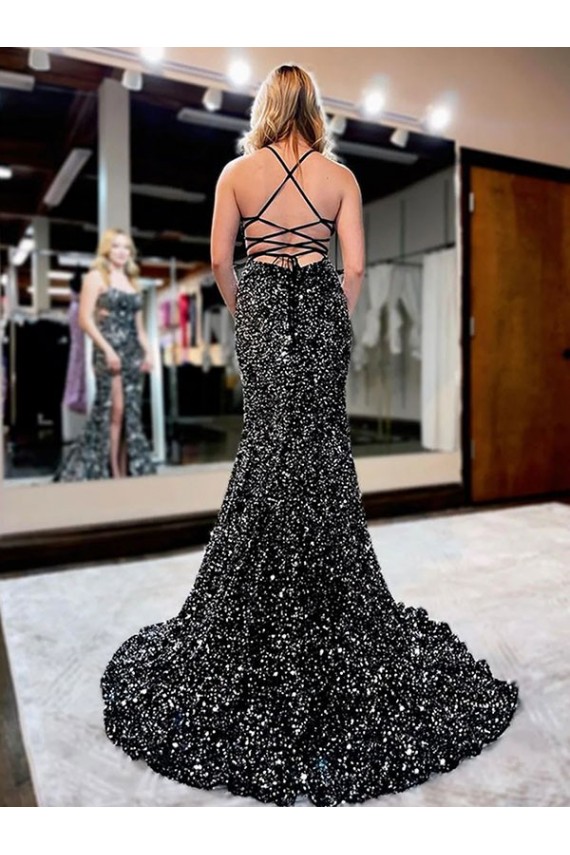 Spaghetti Straps Sweep Train Velvet Sequin Sleeveless Prom Dress Victoria