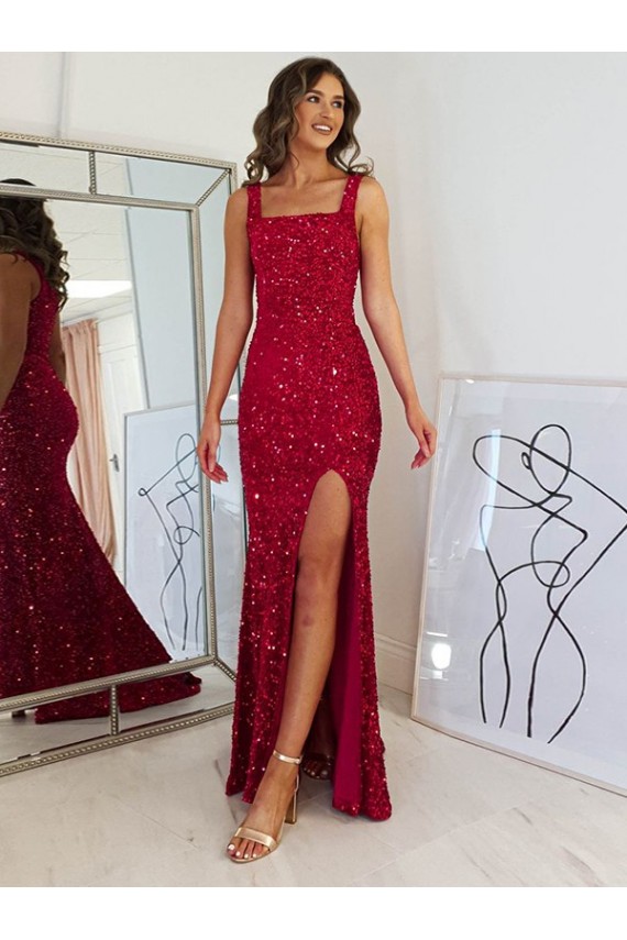 Square Neck Long Velvet Sequin Burgundy Sleeveless Prom Dress Victoria