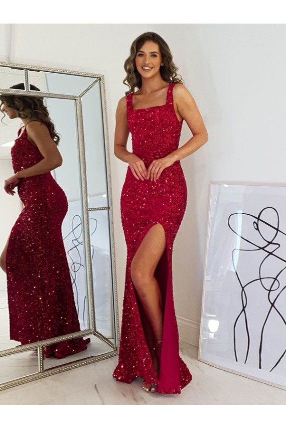 Square Neck Long Velvet Sequin Burgundy Sleeveless Prom Dress Victoria