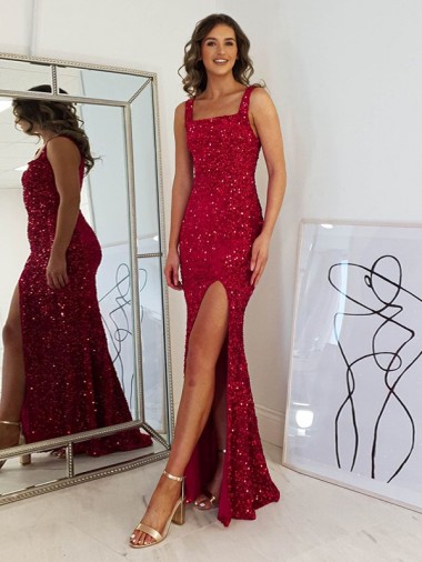 Square Neck Long Velvet Sequin Burgundy Sleeveless Prom Dress Victoria