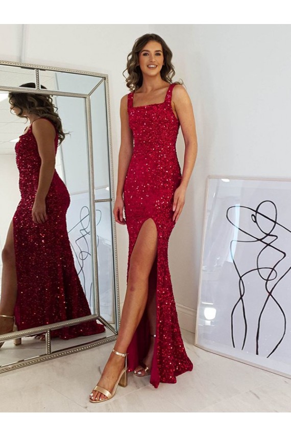 Square Neck Long Velvet Sequin Burgundy Sleeveless Prom Dress Victoria