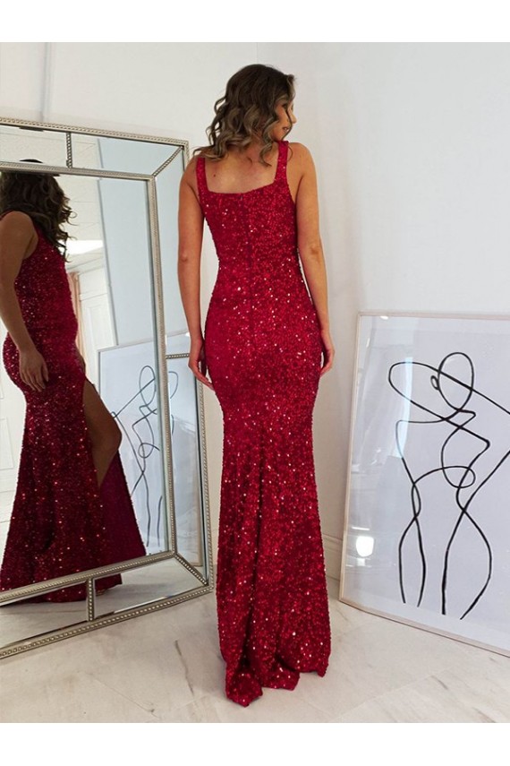 Square Neck Long Velvet Sequin Burgundy Sleeveless Prom Dress Victoria