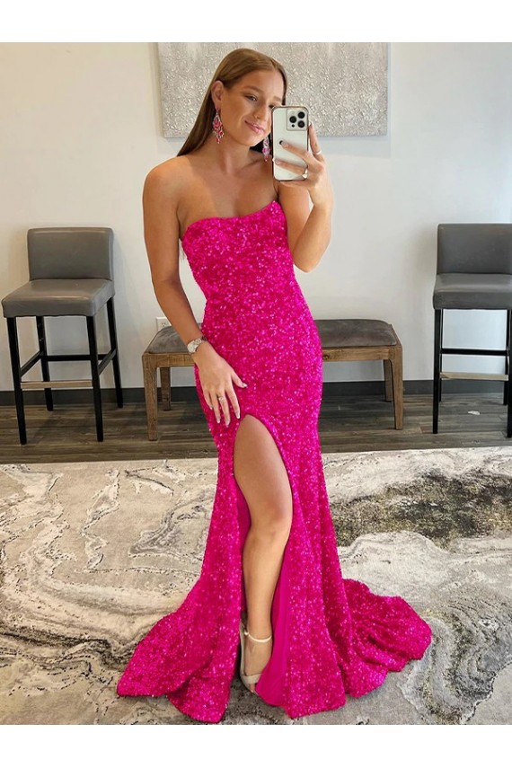 Strapless Sweep Train Velvet Sequin Fuchsia Sleeveless Prom Dress Victoria