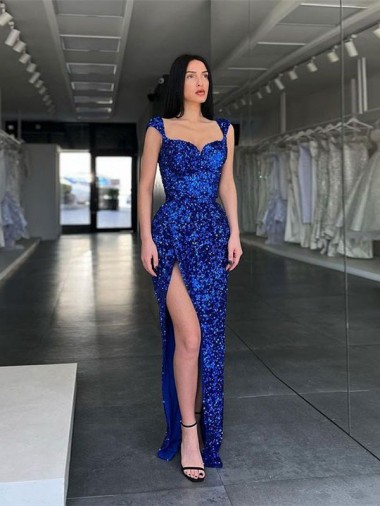 Spaghetti Straps Sweep Train Velvet Sequin Royal Blue Sheath Sleeveless Evening Gown / Prom Dress Victoria