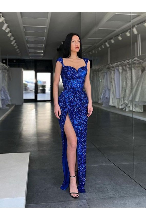 Spaghetti Straps Sweep Train Velvet Sequin Royal Blue Sheath Sleeveless Evening Gown / Prom Dress Victoria
