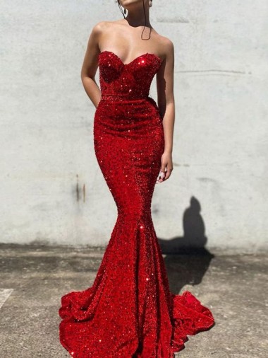 Sweetheart Court Train Velvet Sequin Burgundy Sleeveless Prom Dress / Evening Gown Victoria