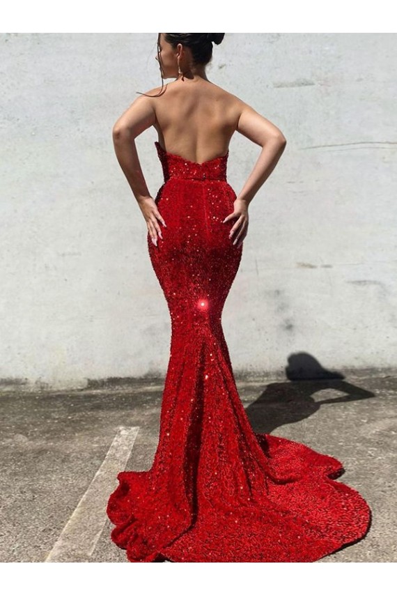 Sweetheart Court Train Velvet Sequin Burgundy Sleeveless Prom Dress / Evening Gown Victoria