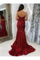 Sweetheart Court Train Velvet Sequin Burgundy Sleeveless Evening Dress Victoria