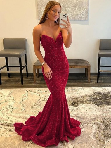 Sweetheart Sweep Train Velvet Sequin Burgundy Sleeveless Prom Dress Victoria