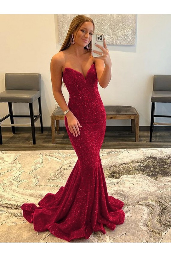 Sweetheart Sweep Train Velvet Sequin Burgundy Sleeveless Prom Dress Victoria