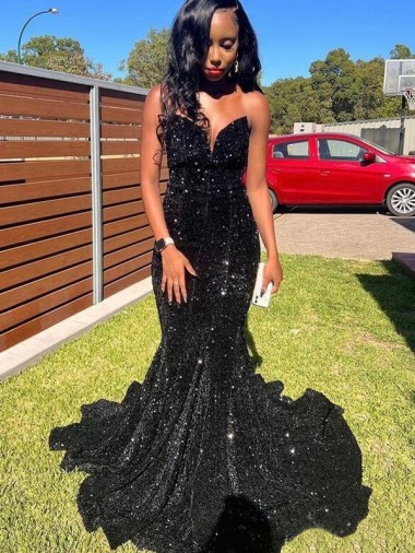 Sweetheart Long Velvet Sequin Black Sleeveless Prom Dress Victoria