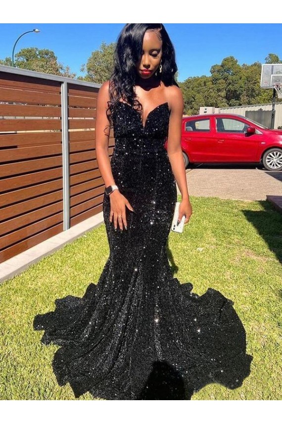Sweetheart Long Velvet Sequin Black Sleeveless Prom Dress Victoria