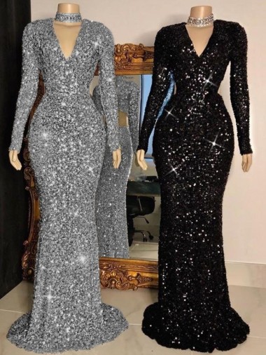V-Neck Sweep Train Velvet Sequin Black Long Sleeves Prom Dress Victoria