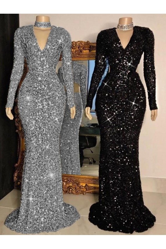 V-Neck Sweep Train Velvet Sequin Black Long Sleeves Prom Dress Victoria
