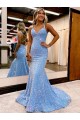 V-Neck Sweep Train Velvet Sequin Periwinkle Sleeveless Evening Gown Victoria