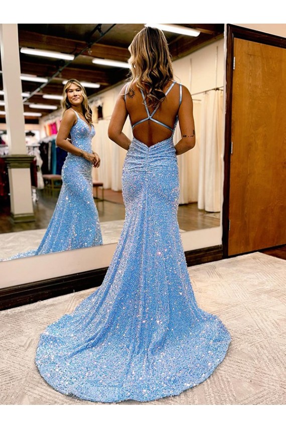 V-Neck Sweep Train Velvet Sequin Periwinkle Sleeveless Evening Gown Victoria