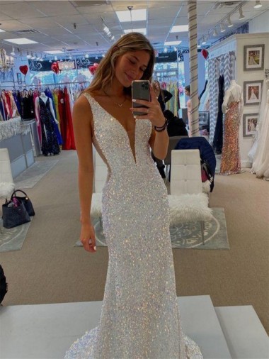 V-Neck Sweep Train Velvet Sequin Sleeveless Prom Dresses Victoria