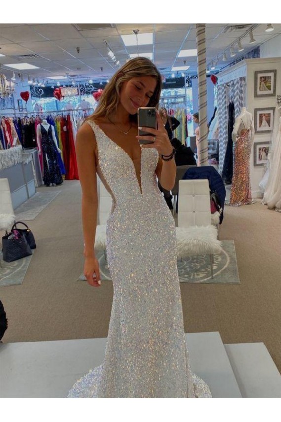 V-Neck Sweep Train Velvet Sequin Sleeveless Prom Dresses Victoria