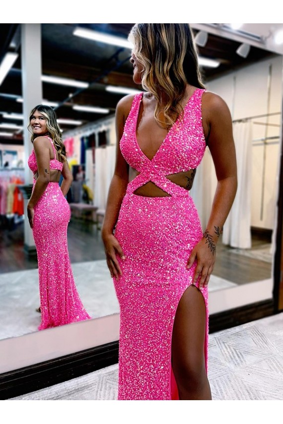 V-Neck Long Sweep Train Velvet Sequin Sleeveless Evening Dress Victoria