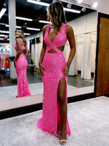 V-Neck Long Sweep Train Velvet Sequin Sleeveless Evening Dress Victoria