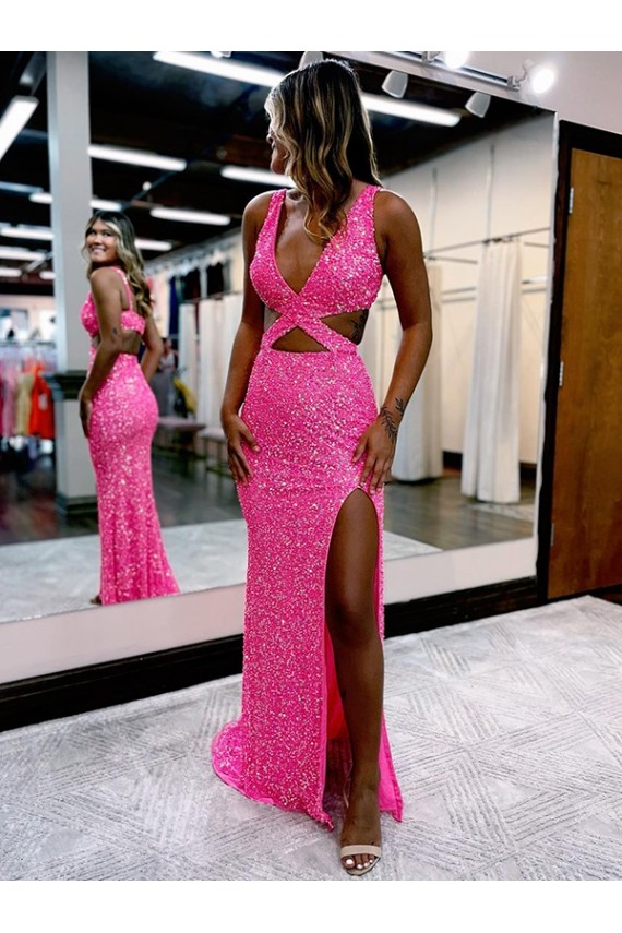 V-Neck Long Sweep Train Velvet Sequin Sleeveless Evening Dress Victoria
