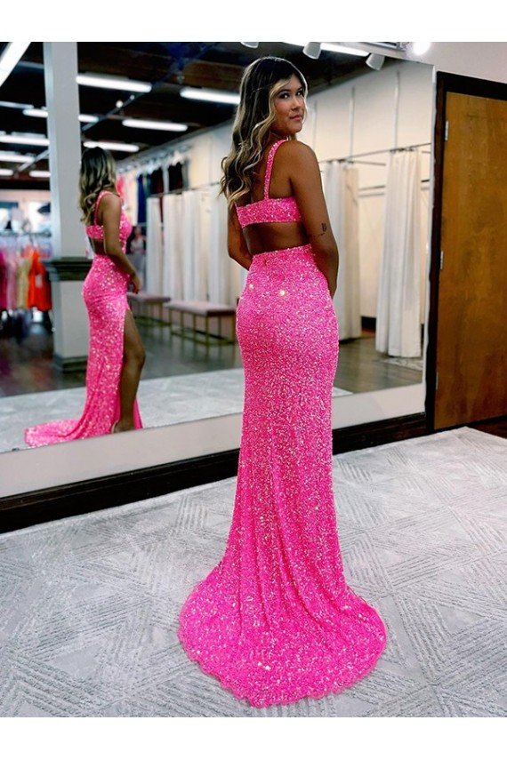V-Neck Long Sweep Train Velvet Sequin Sleeveless Evening Dress Victoria