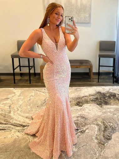 V-Neck Sweep Train Velvet Sequin Sleeveless Evening Dress Victoria