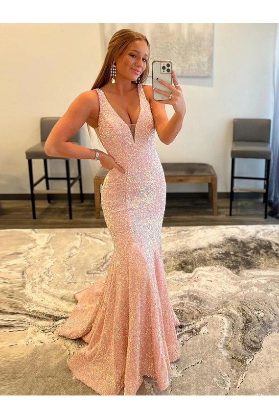 V-Neck Sweep Train Velvet Sequin Sleeveless Evening Dress Victoria