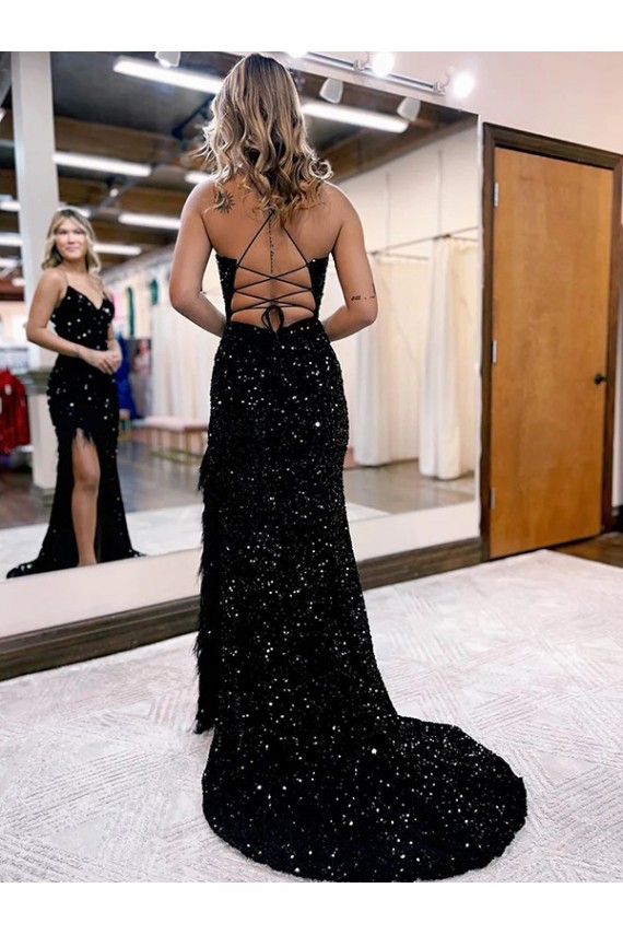 V-Neck Sweep Train Velvet Sequin Royal Blue Sleeveless Evening Dress Victoria