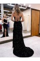 V-Neck Sweep Train Velvet Sequin Royal Blue Sleeveless Evening Dress Victoria