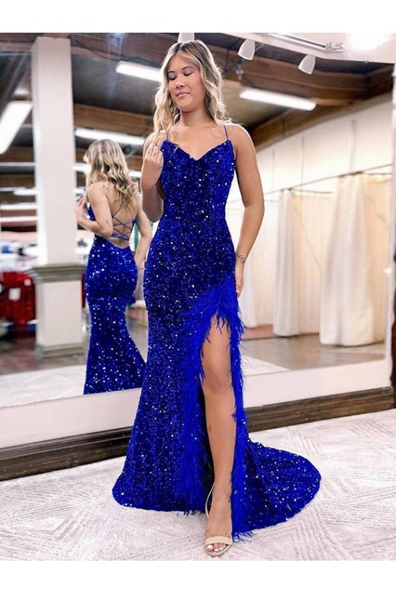 V-Neck Sweep Train Velvet Sequin Royal Blue Sleeveless Evening Dress Victoria