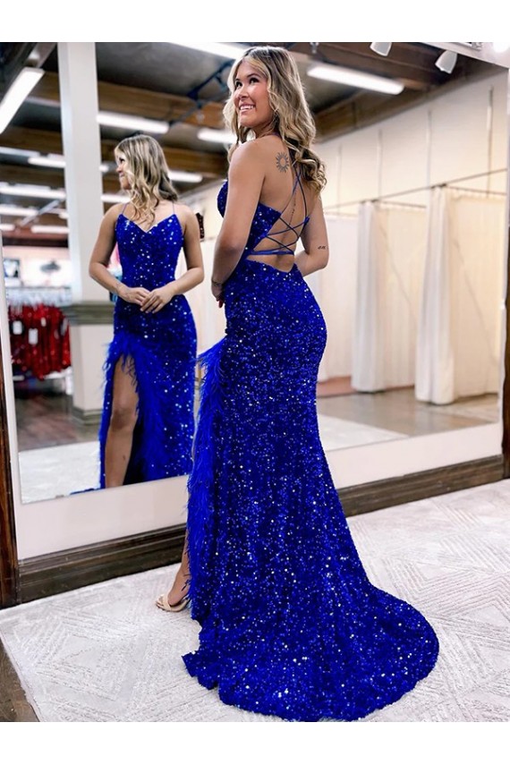 V-Neck Sweep Train Velvet Sequin Royal Blue Sleeveless Evening Dress Victoria