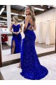 V-Neck Sweep Train Velvet Sequin Royal Blue Sleeveless Evening Dress Victoria