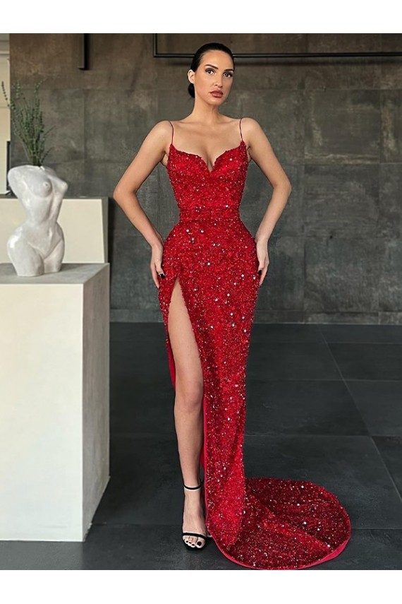 V-Neck Sweep Train Velvet Sequin Red Sleeveless Evening Gown / Prom Dress Victoria