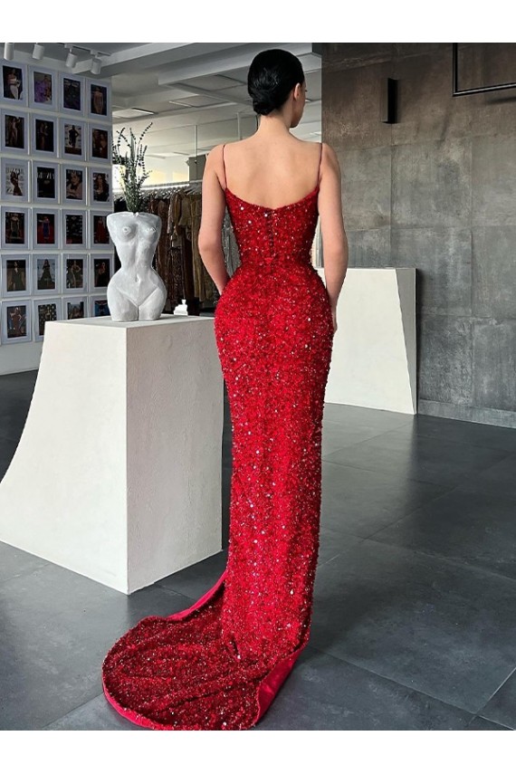 V-Neck Sweep Train Velvet Sequin Red Sleeveless Evening Gown / Prom Dress Victoria
