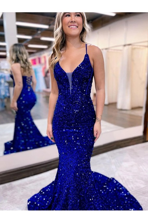 V-Neck Court Train Velvet Sequin Royal Blue Sleeveless Prom Dress Victoria