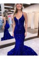 V-Neck Court Train Velvet Sequin Royal Blue Sleeveless Prom Dress Victoria